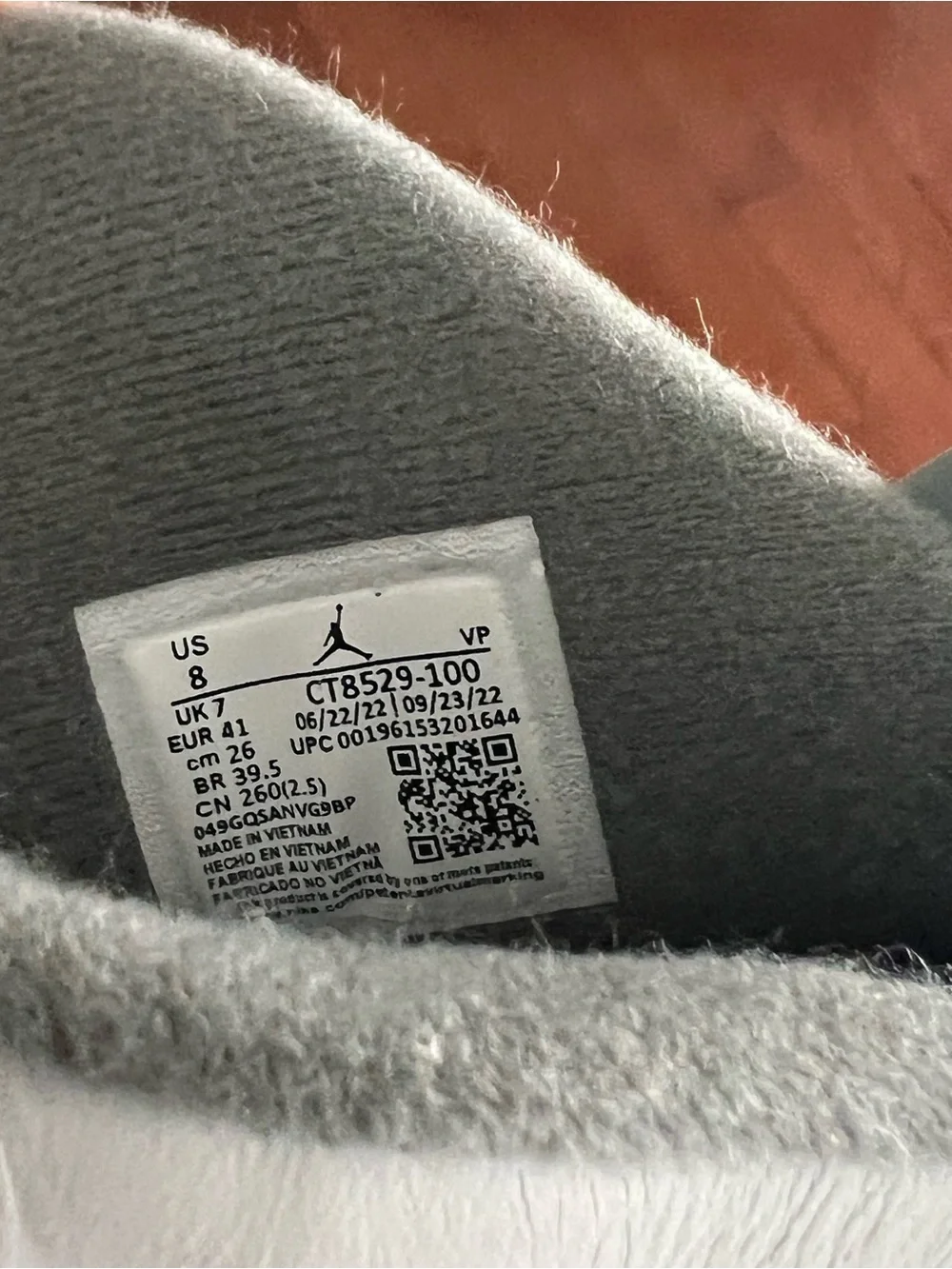 Jordan Grey & White Sneaker Interior with Size Tag